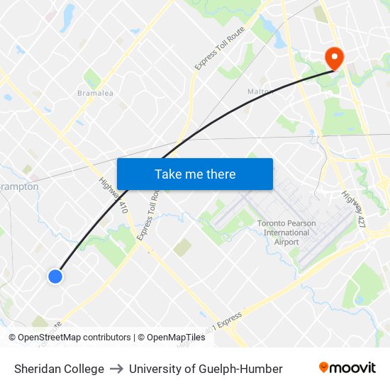 Sheridan College to University of Guelph-Humber map