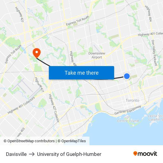 Davisville to University of Guelph-Humber map