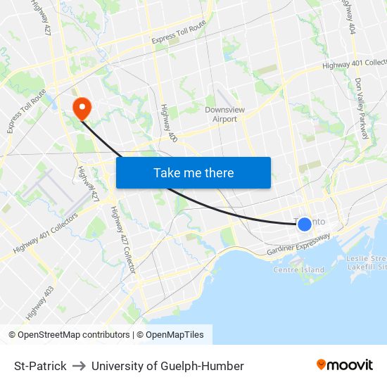 St-Patrick to University of Guelph-Humber map