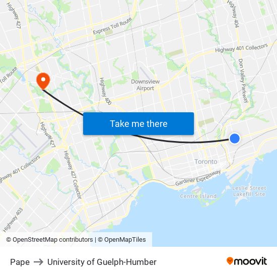 Pape to University of Guelph-Humber map