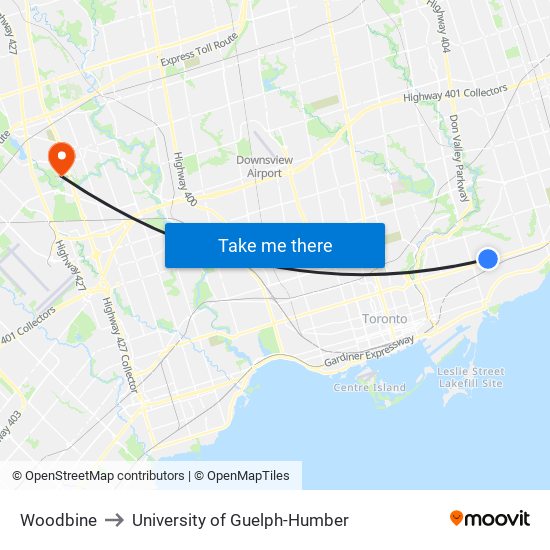 Woodbine to University of Guelph-Humber map