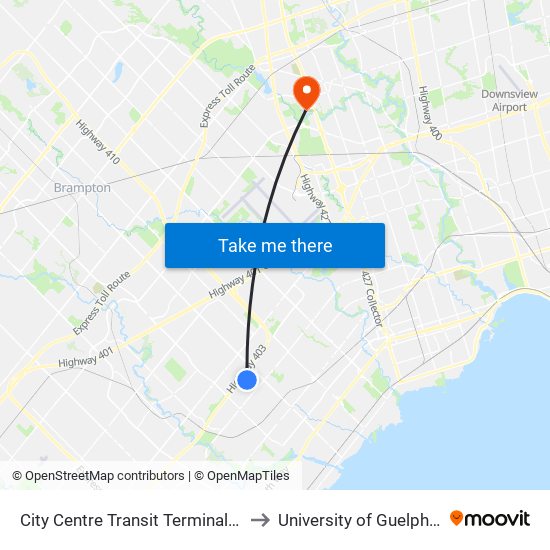 City Centre Transit Terminal Platform K to University of Guelph-Humber map