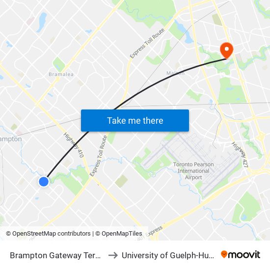 Brampton Gateway Terminal to University of Guelph-Humber map