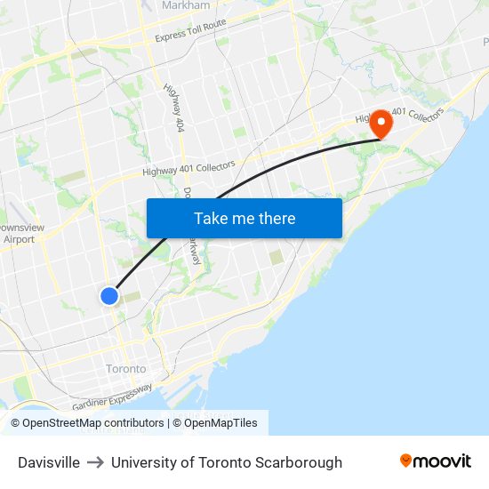 Davisville to University of Toronto Scarborough map