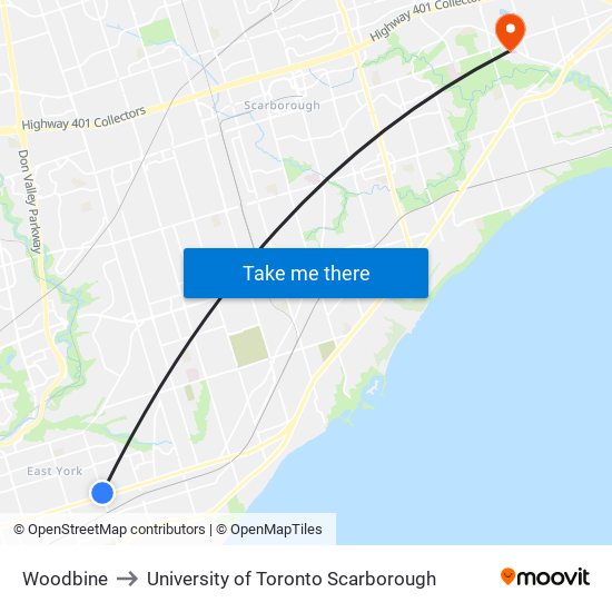 Woodbine to University of Toronto Scarborough map