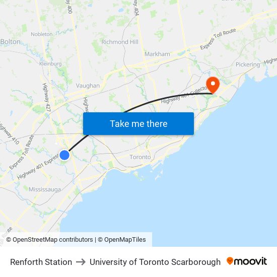 Renforth Station to University of Toronto Scarborough map