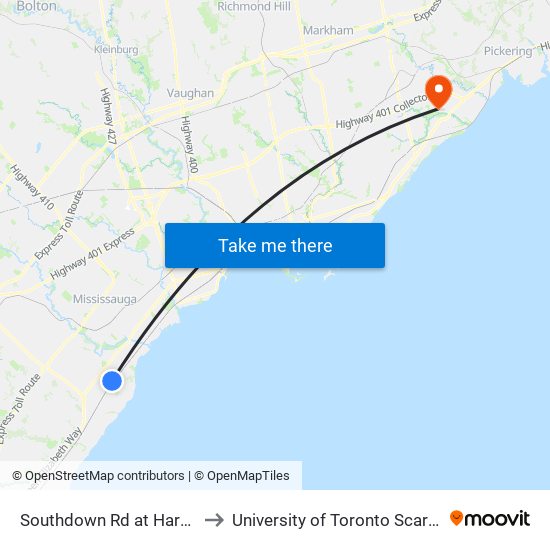 Southdown Rd at Hartland Dr to University of Toronto Scarborough map