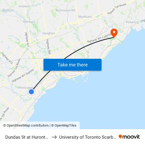 Dundas St at Hurontario St to University of Toronto Scarborough map