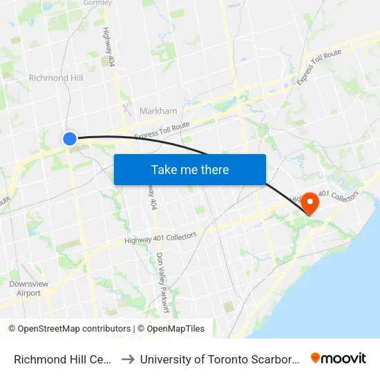 Richmond Hill Centre to University of Toronto Scarborough map