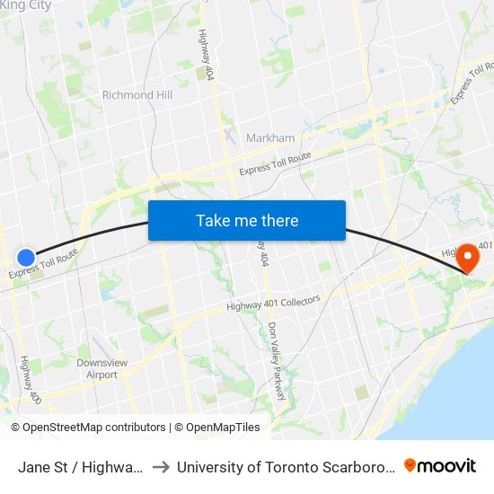 Jane St / Highway 7 to University of Toronto Scarborough map