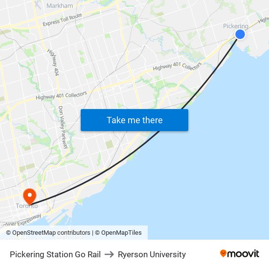 Pickering Station Go Rail to Ryerson University map