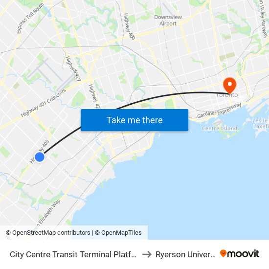 City Centre Transit Terminal Platform K to Ryerson University map