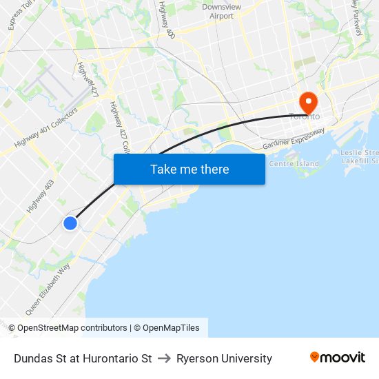 Dundas St at Hurontario St to Ryerson University map