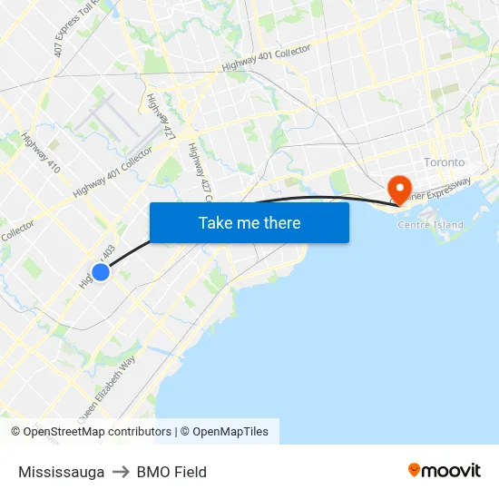 Mississauga to BMO Field map