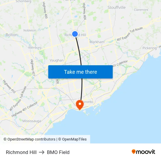 Richmond Hill to BMO Field map