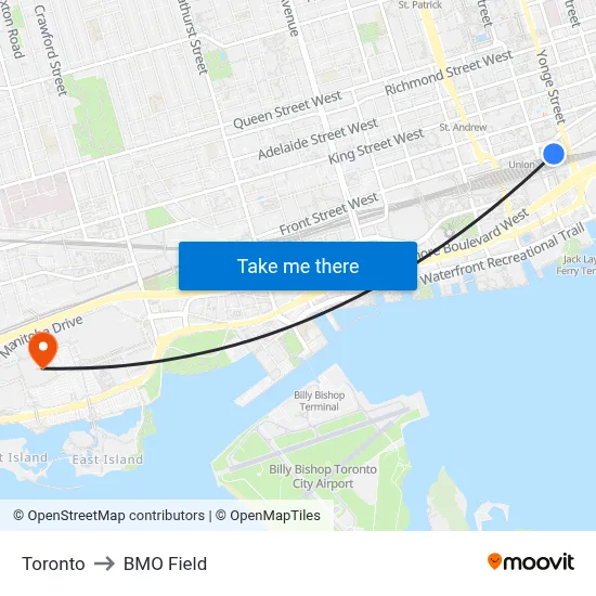 Toronto to BMO Field map