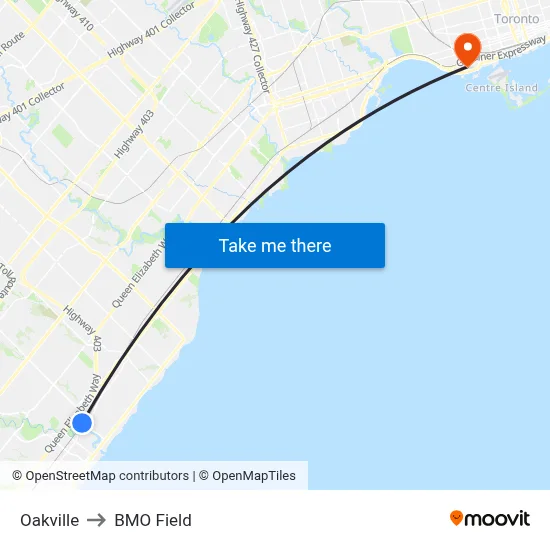 Oakville to BMO Field map