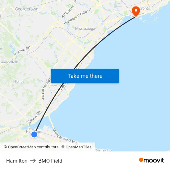 Hamilton to BMO Field map