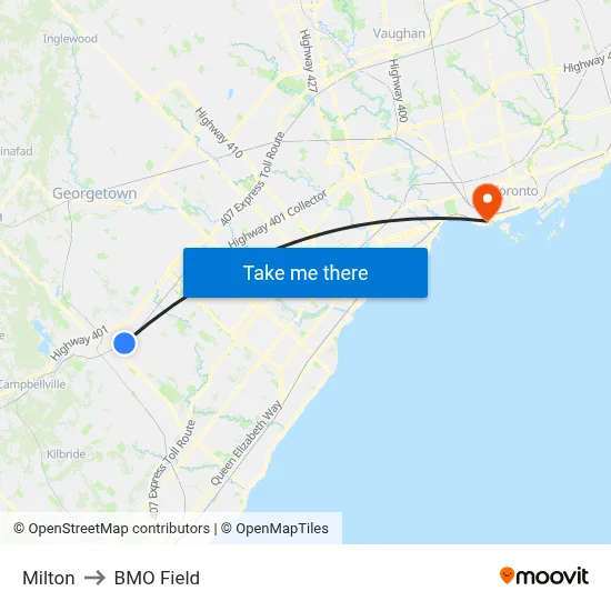 Milton to BMO Field map
