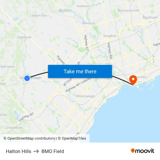 Halton Hills to BMO Field map