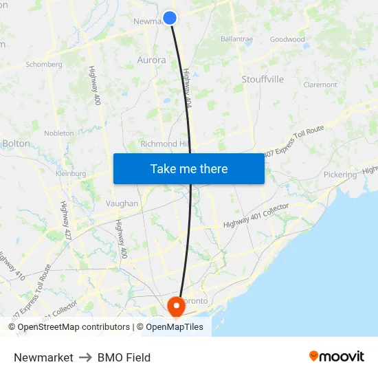 Newmarket to BMO Field map
