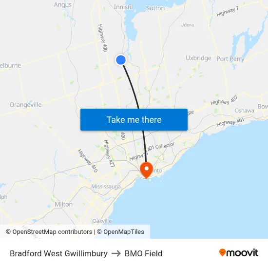 Bradford West Gwillimbury to BMO Field map