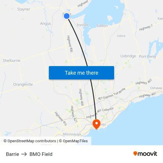 Barrie to BMO Field map