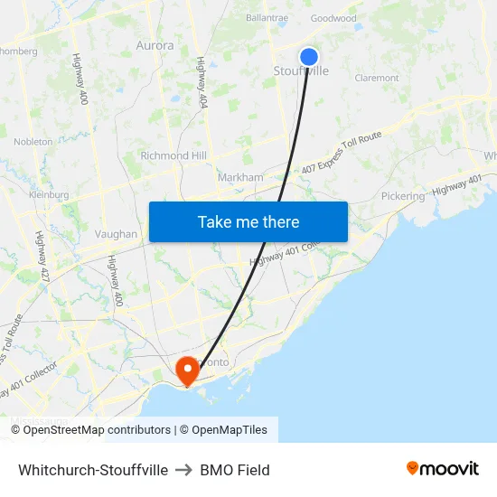 Whitchurch-Stouffville to BMO Field map