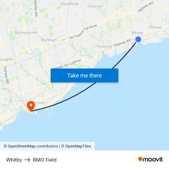 Whitby to BMO Field map