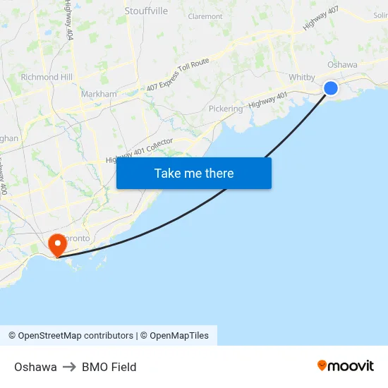 Oshawa to BMO Field map