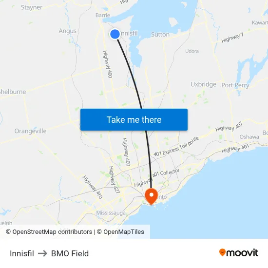 Innisfil to BMO Field map