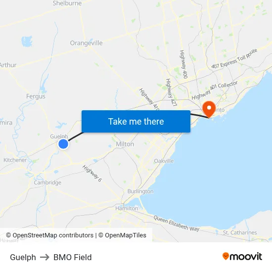 Guelph to BMO Field map
