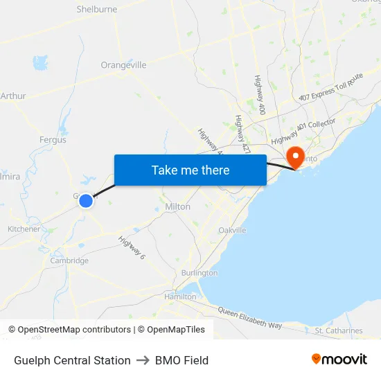Guelph Central Station to BMO Field map