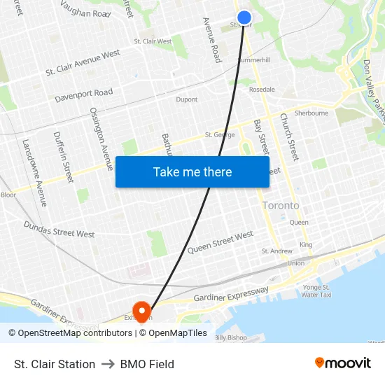 St. Clair Station to BMO Field map