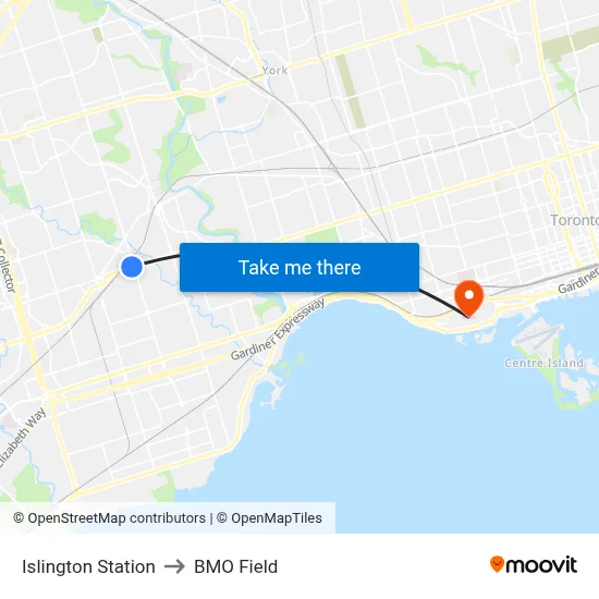 Islington Station to BMO Field map