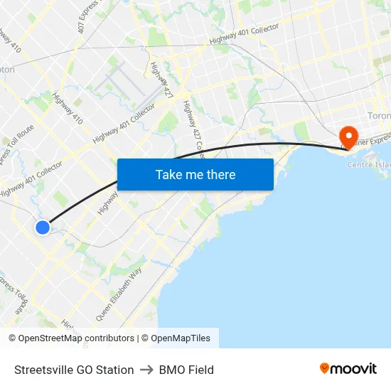 Streetsville GO Station to BMO Field map