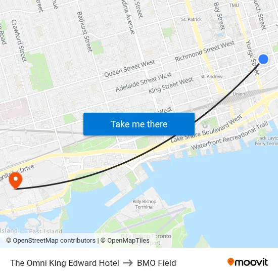 The Omni King Edward Hotel to BMO Field map