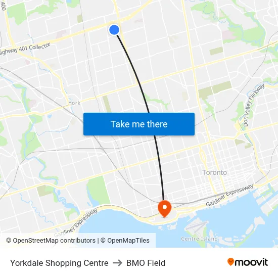 Yorkdale Shopping Centre to BMO Field map