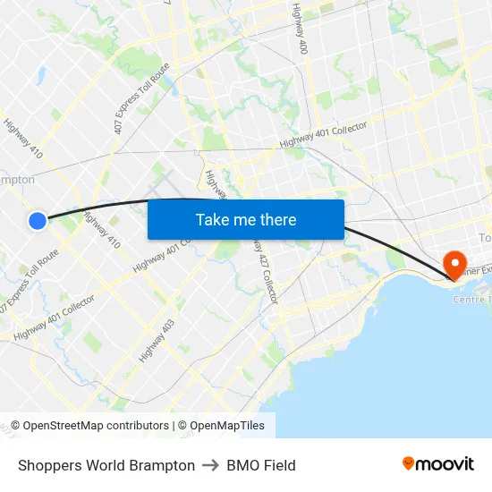 Shoppers World Brampton to BMO Field map