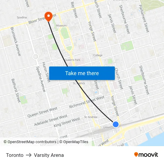 Toronto to Varsity Arena map
