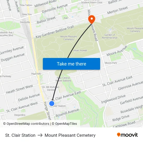 St. Clair Station to Mount Pleasant Cemetery map