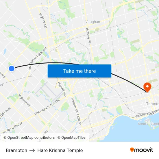 Brampton to Hare Krishna Temple map