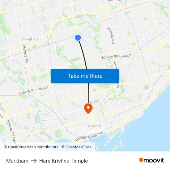 Markham to Hare Krishna Temple map