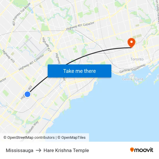 Mississauga to Hare Krishna Temple map