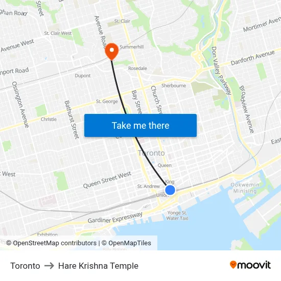Toronto to Hare Krishna Temple map