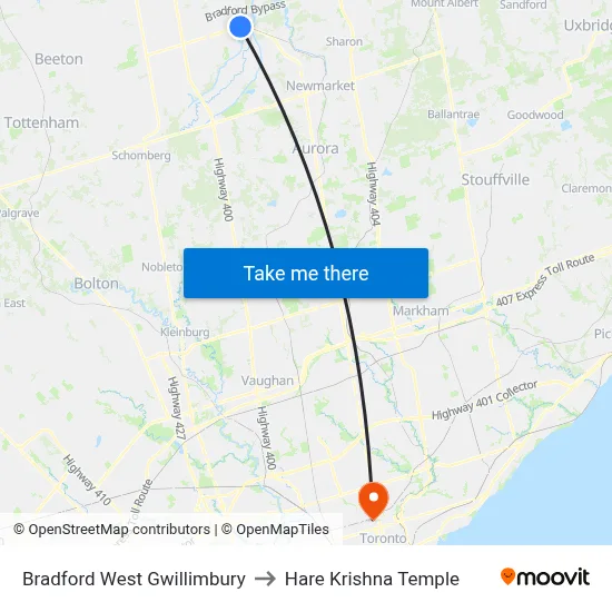 Bradford West Gwillimbury to Hare Krishna Temple map