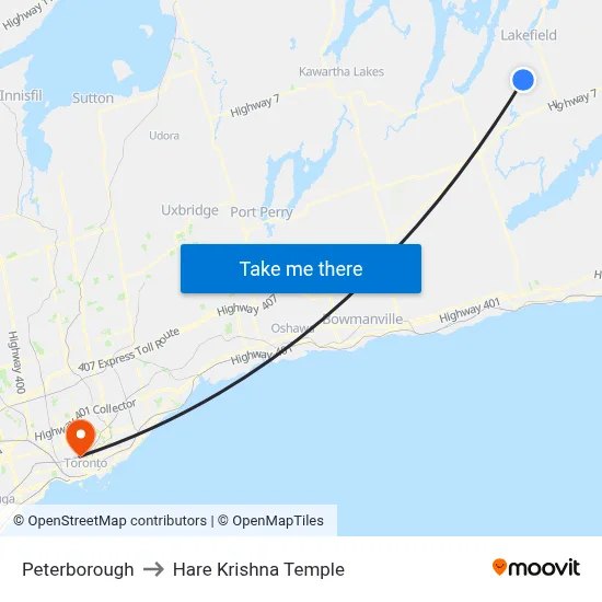 Peterborough to Hare Krishna Temple map