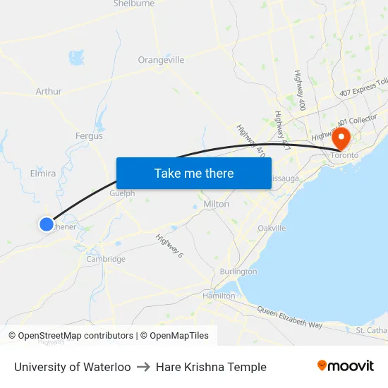 University of Waterloo to Hare Krishna Temple map
