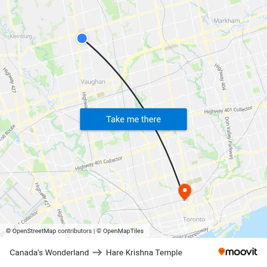 Canada’s Wonderland to Hare Krishna Temple map