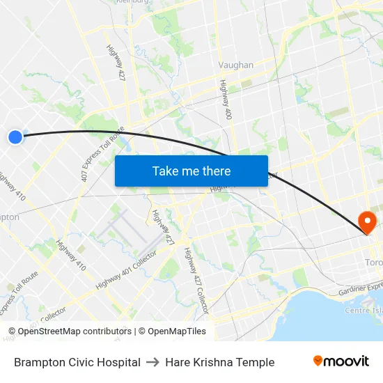 Brampton Civic Hospital to Hare Krishna Temple map
